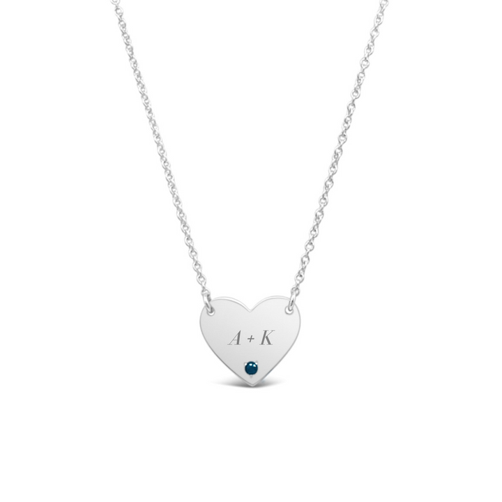 14K White Gold Engravable Heart Necklace with Sapphire