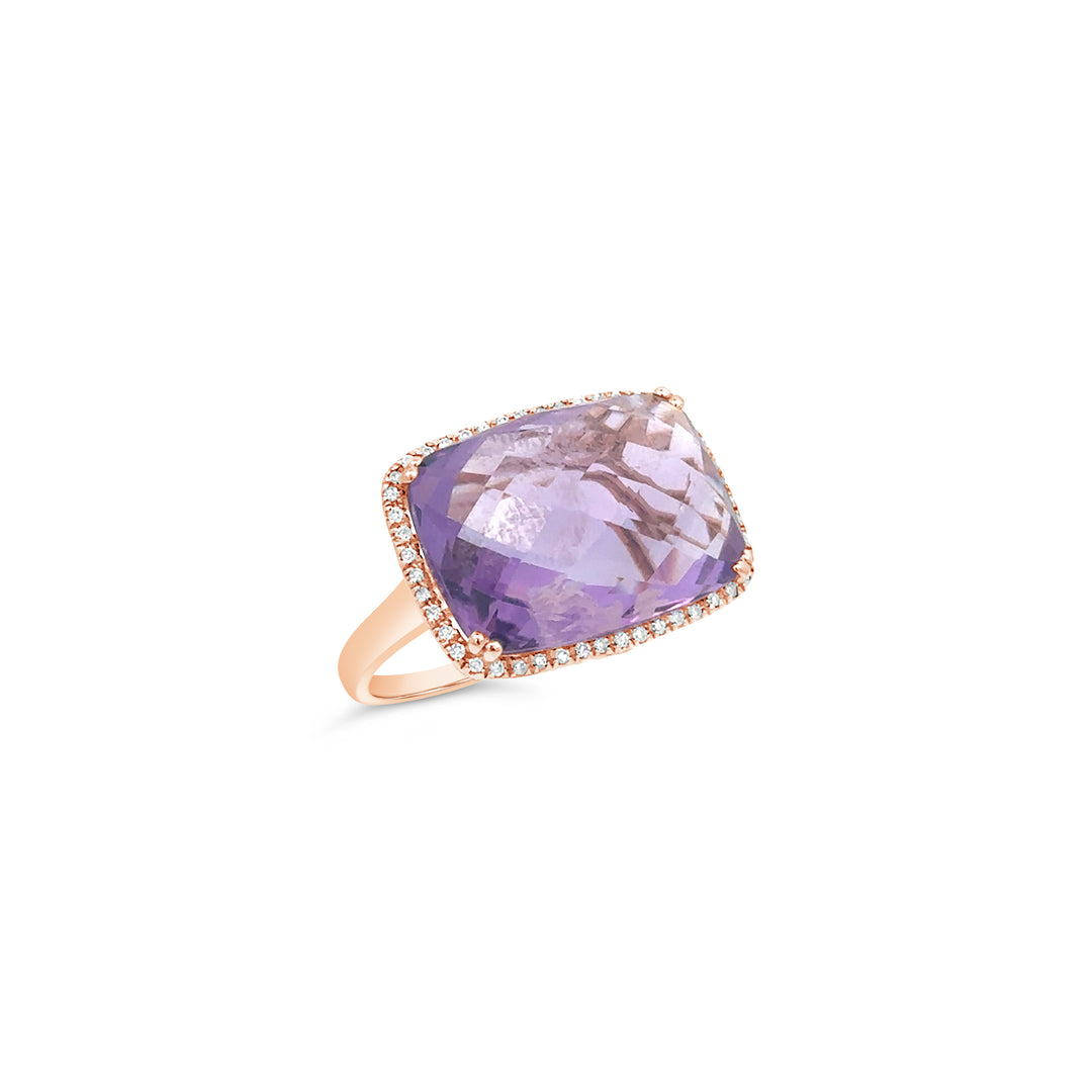 14K Rose Gold Cushion-Cut Amethyst and Diamond Ring