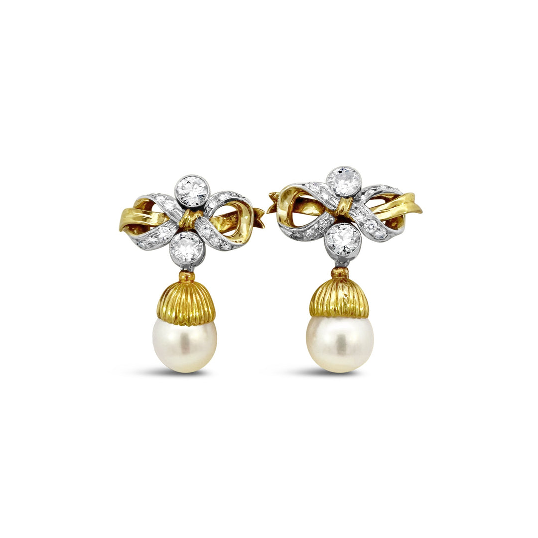 Platinum and 18K Yellow Gold 1.68ctw Diamond and Pearl Estate Bow Earrings