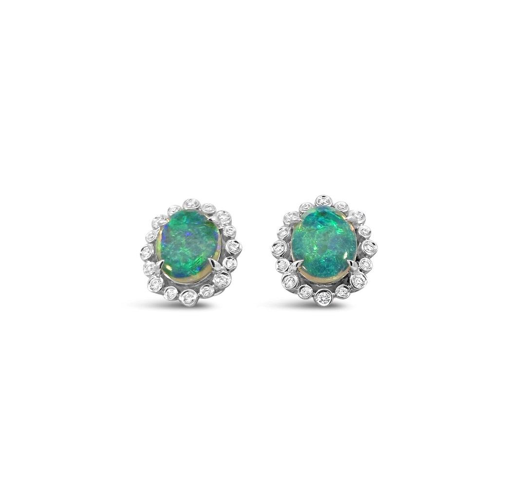 14K White Gold 1.26 CTW Opal & .17 Diamond Halo Stud Earrings