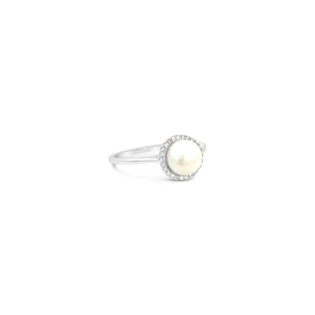 14K White Gold Pearl and Diamond Halo Ring (0.08ct)