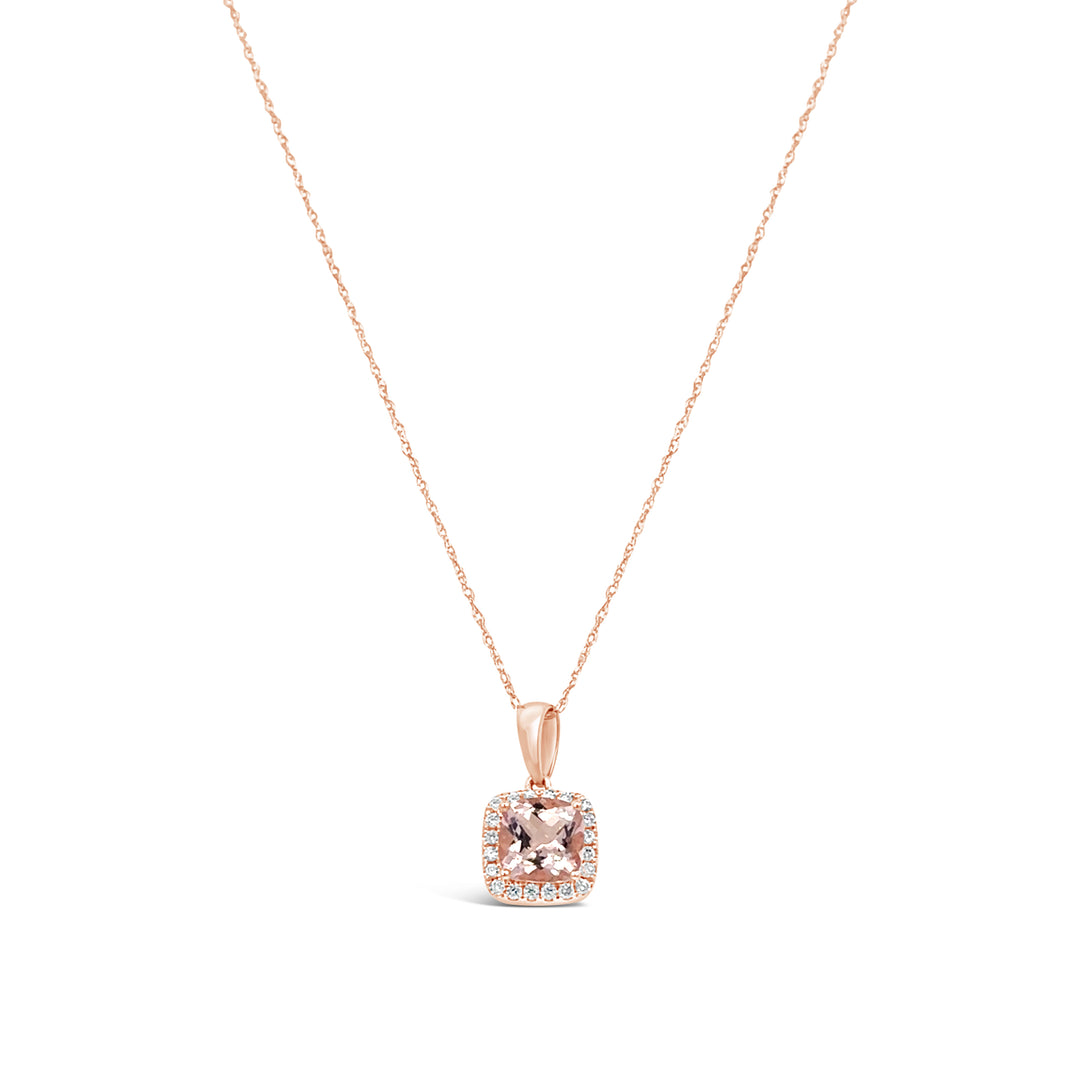 14K Rose Gold Morganite and Diamond Halo Pendant Necklace