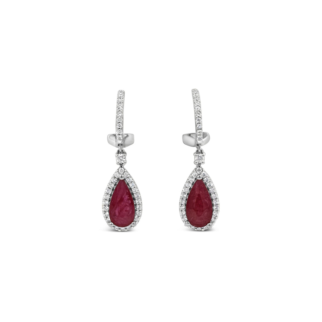 18K White Gold 4.35ctw Ruby and Diamond Tear-drop Estate Earrings