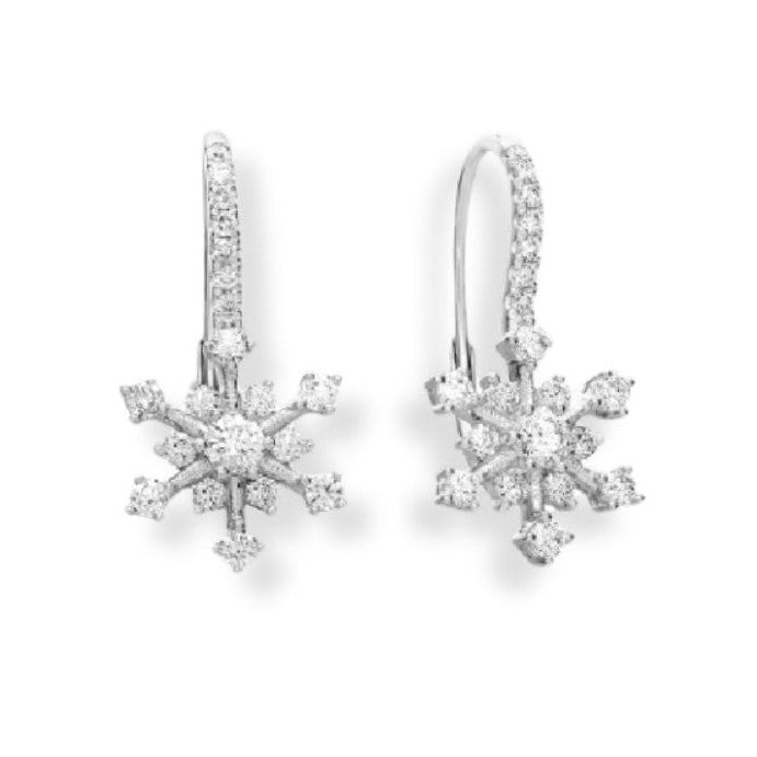 14K White Gold Snowflake Leverback Diamond Earrings