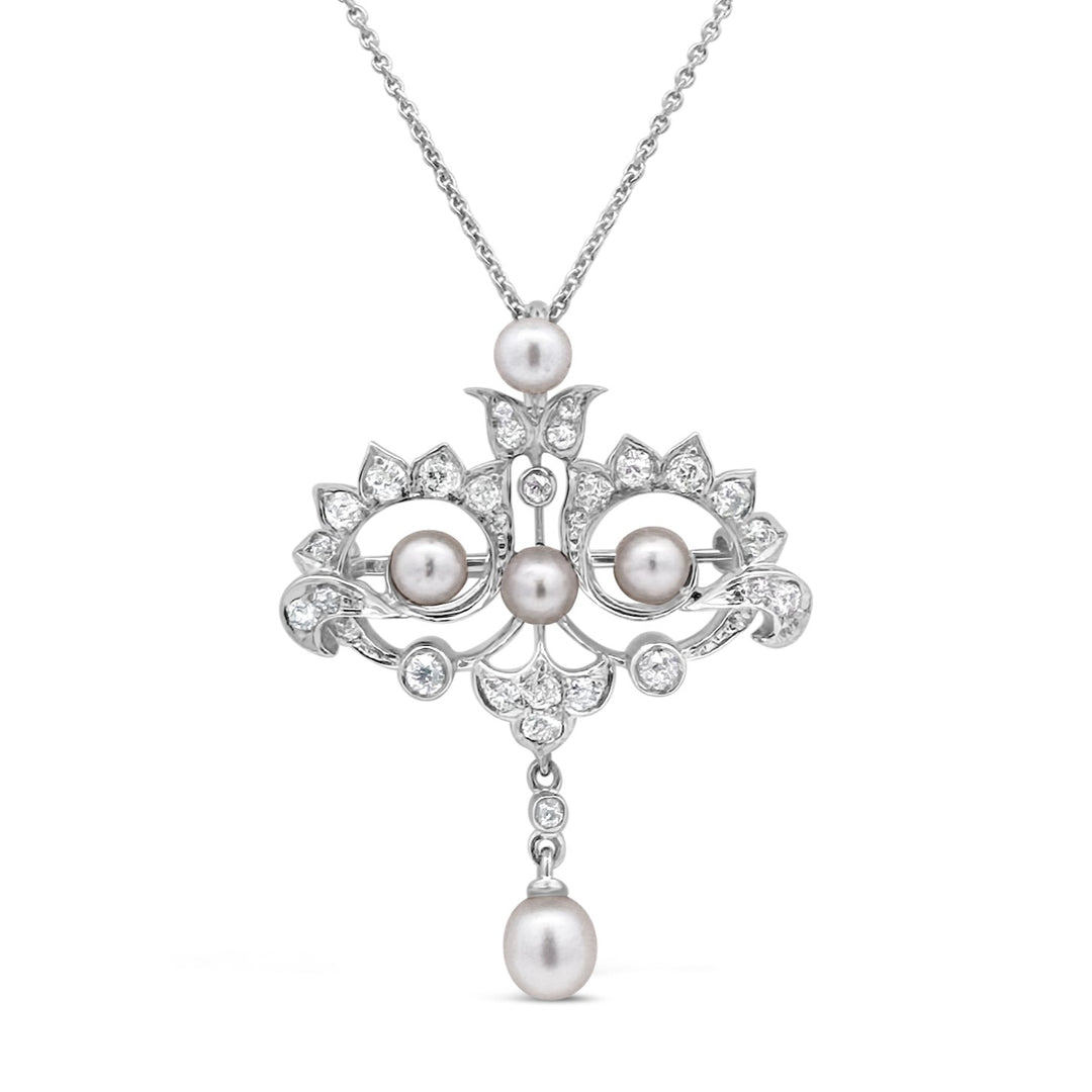 Platinum and 18K White Gold Edwardian Pearl and Diamond .95CTW Estate Necklace