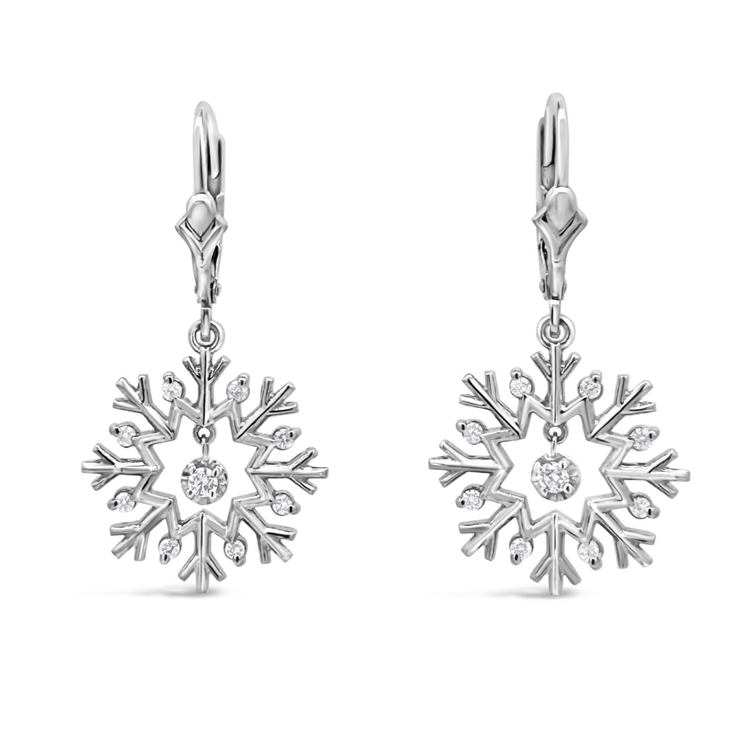 14K White Gold Diamond Snowflake Dangle Earrings