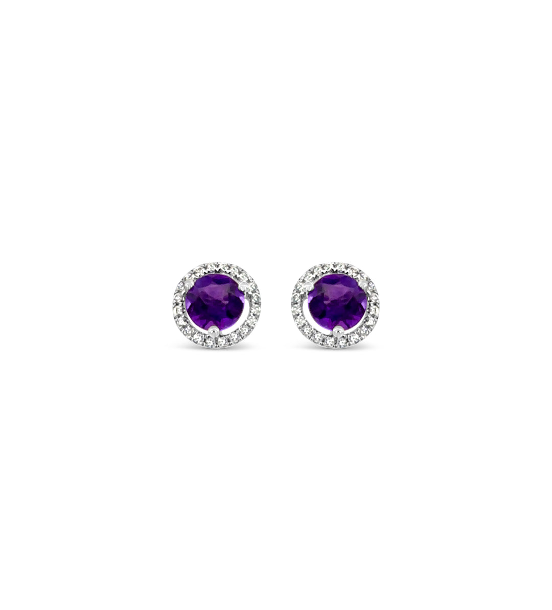 14K White Gold Amethyst and Diamond Halo Earrings – 1.10ct Amethyst, 0.16ctw Diamonds