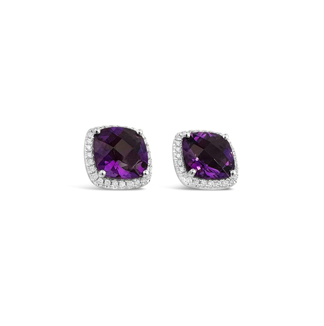14K White Gold 4.93 CTW Amethyst & .25 CTW Diamond Halo Cushion Earrings