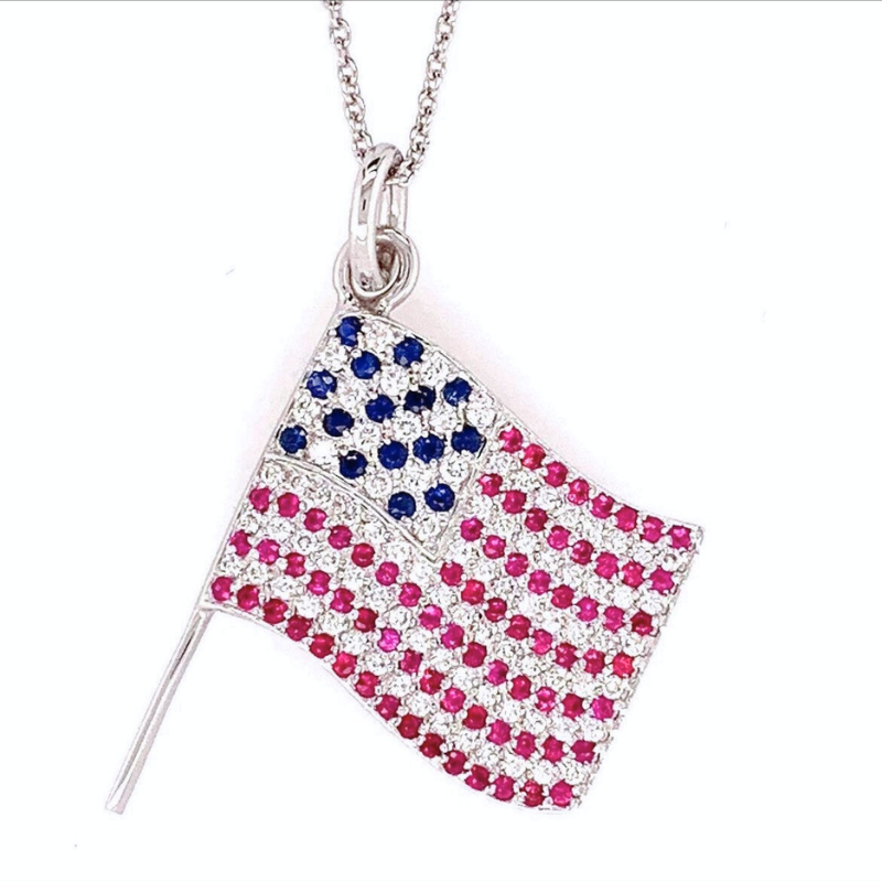 14K White Gold American Flag Necklace