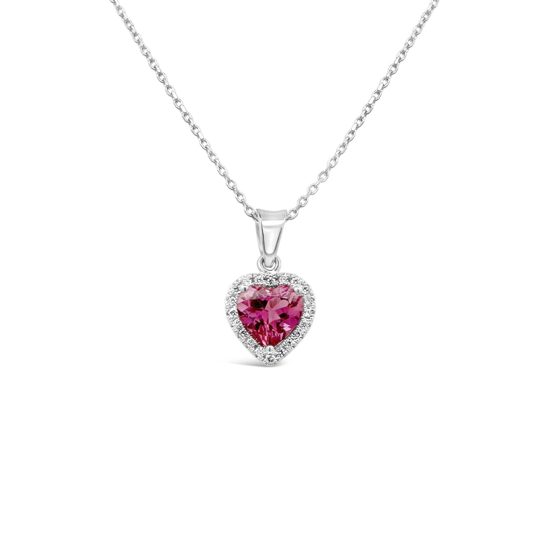 14K White Gold 1.09ct Pink Tourmaline and Diamond Halo Heart Pendant
