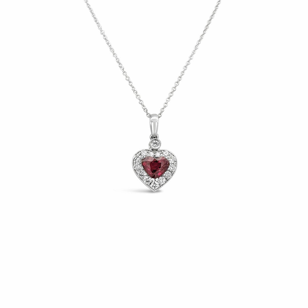 14K White Gold 1.28ct Ruby and Diamond .30ctw Heart Necklace