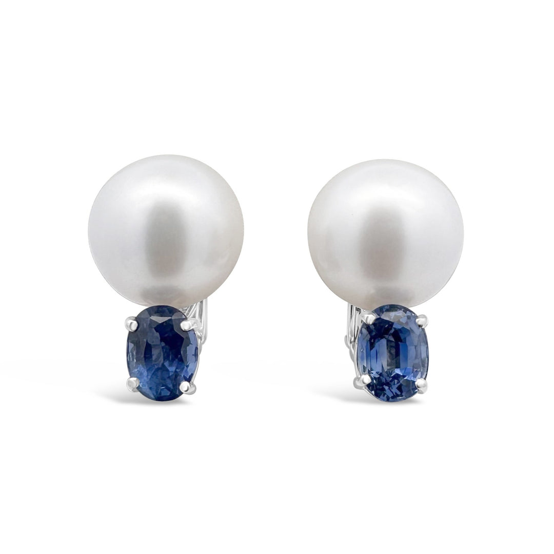 Platinum 13MM South Sea Pearl and Sapphire Earrings