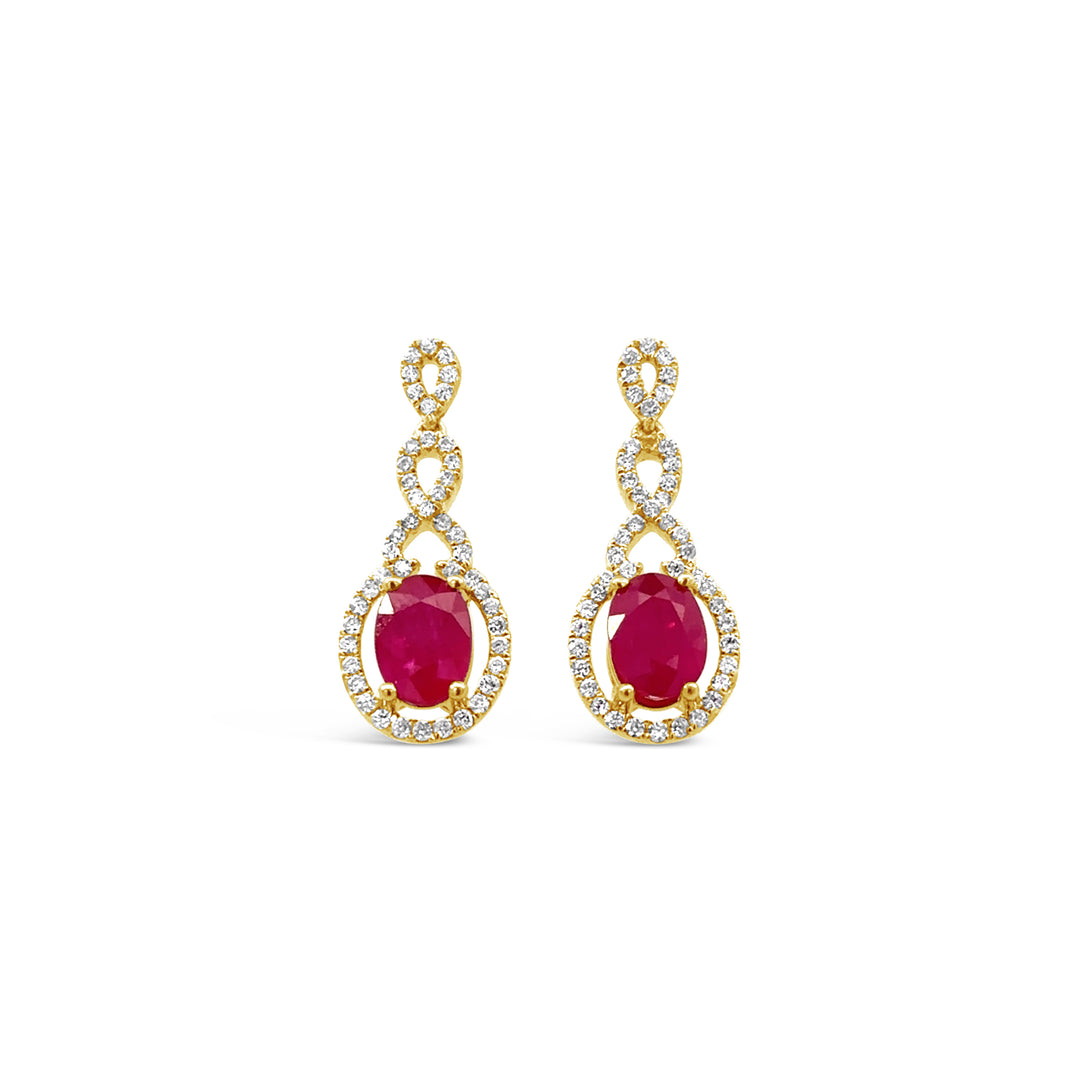 14K Yellow Gold Ruby and Diamond Drop Earrings