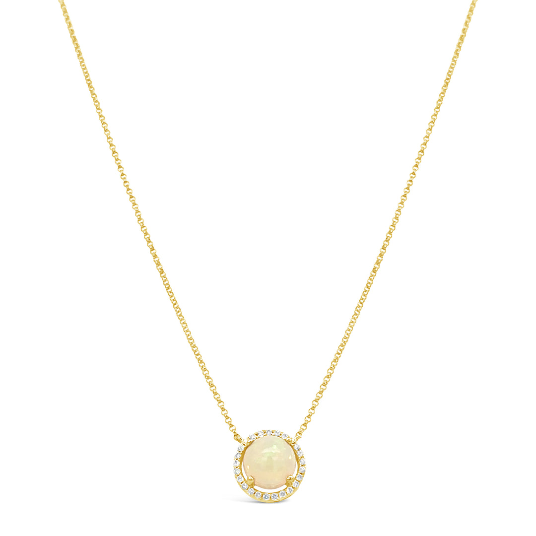 14K Yellow Gold Opal and Diamond Halo Necklace – 1.20 CT Opal, 0.14 CTW Diamonds