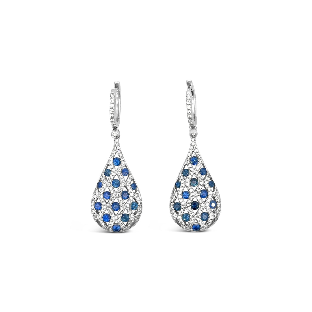 14K White Gold Sapphire and Diamond Drop Earrings – 1.45ct Sapphires, 0.75ct Diamonds