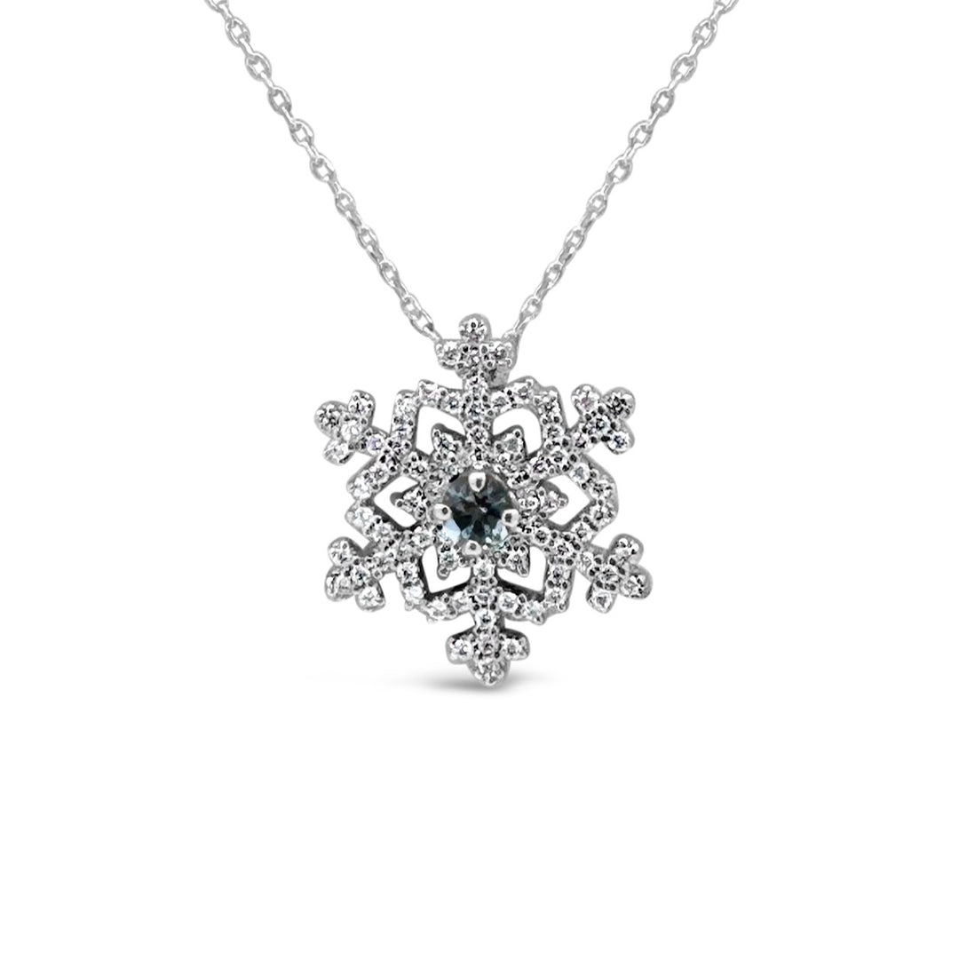 14K White Gold .12 Carat Aquamarine Snowflake Pendant