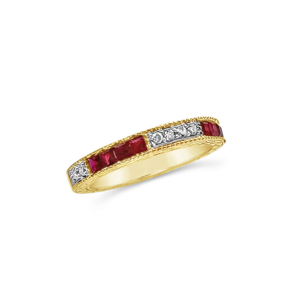 14K Yellow Gold .65ctw Ruby & .15ctw Diamond Engraved Band