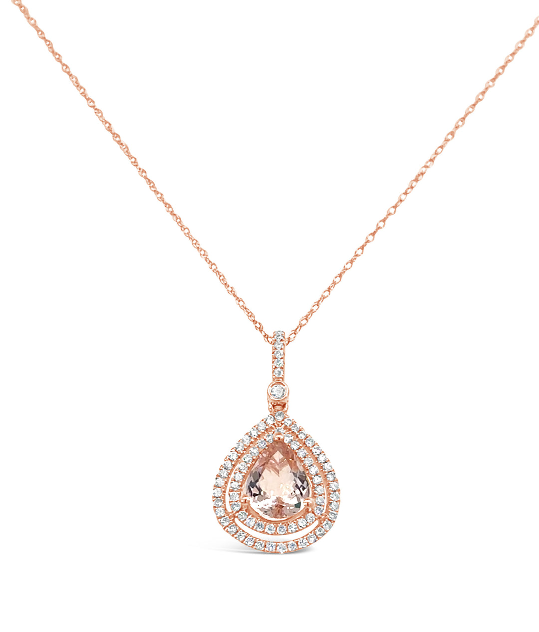 14K Rose Gold Pear-Shaped Morganite and Diamond Double Halo Pendant Necklace