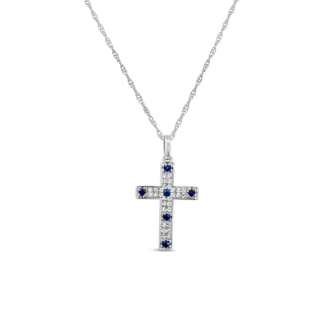 14K White Gold Sapphire and Diamond Cross Pendant