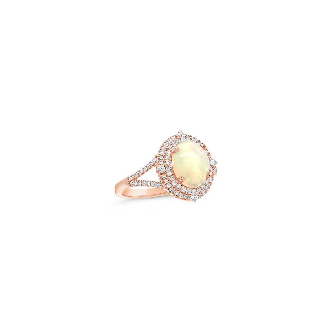 14K Rose Gold Oval Opal and Diamond Double Halo Ring