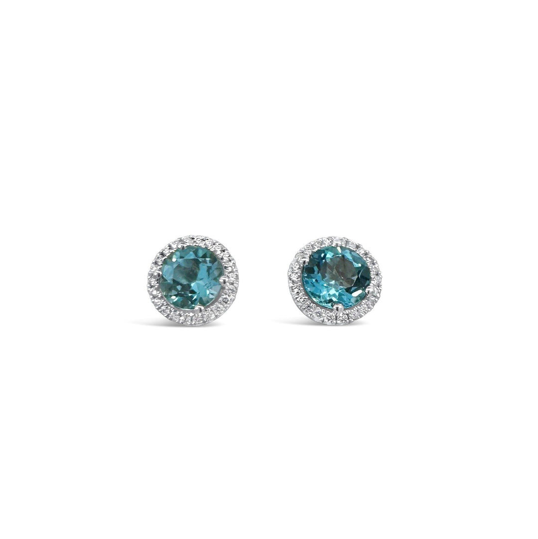 14K White Gold 2.91 CTW Blue Topaz & .15 CTW Diamond Halo Stud Earrings