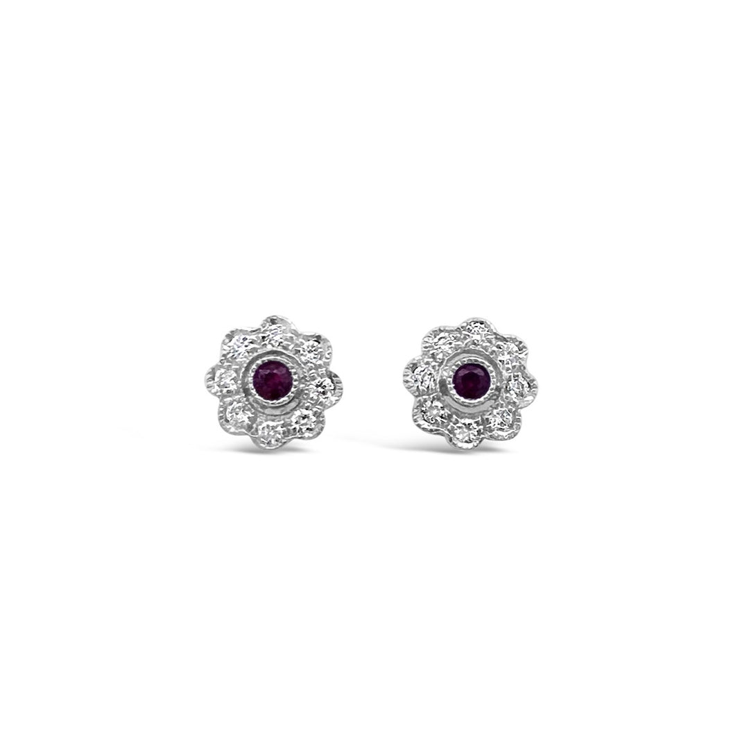 14K White Gold Ruby Flower Earrings