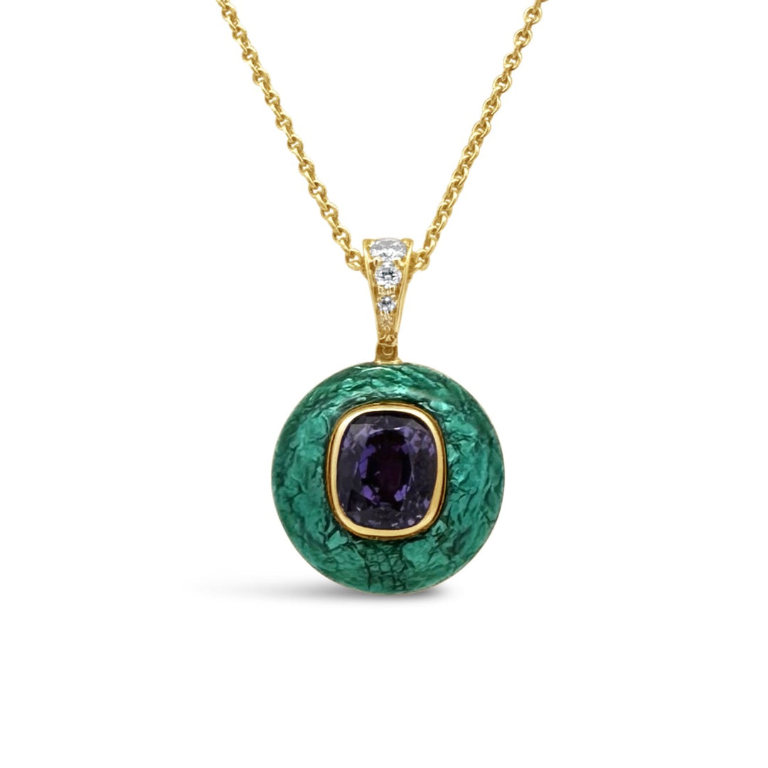 18K Yellow Gold Purple Sapphire Green Enamel Estate Necklace