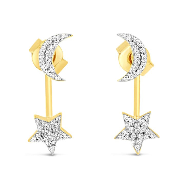 14K Yellow Gold .22ctw Diamond Moon and Star Earrings