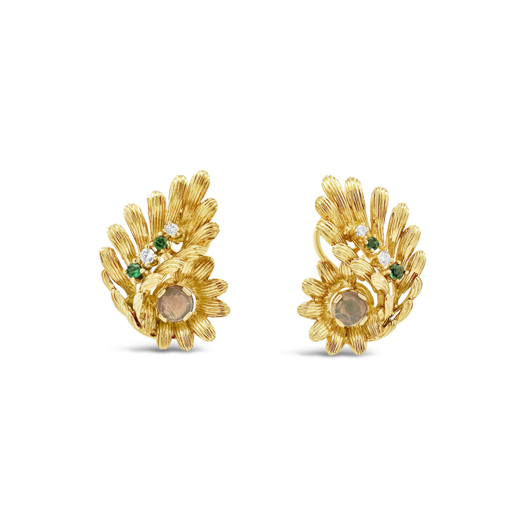 14K Yellow Gold 1960 Estate Opal Leaf Earrings