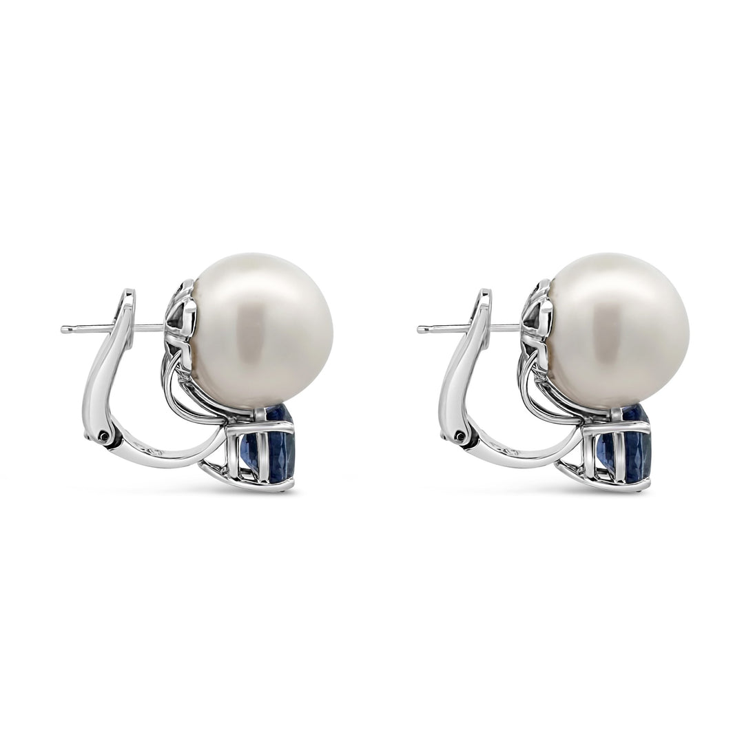 Platinum 13MM South Sea Pearl and Sapphire Earrings