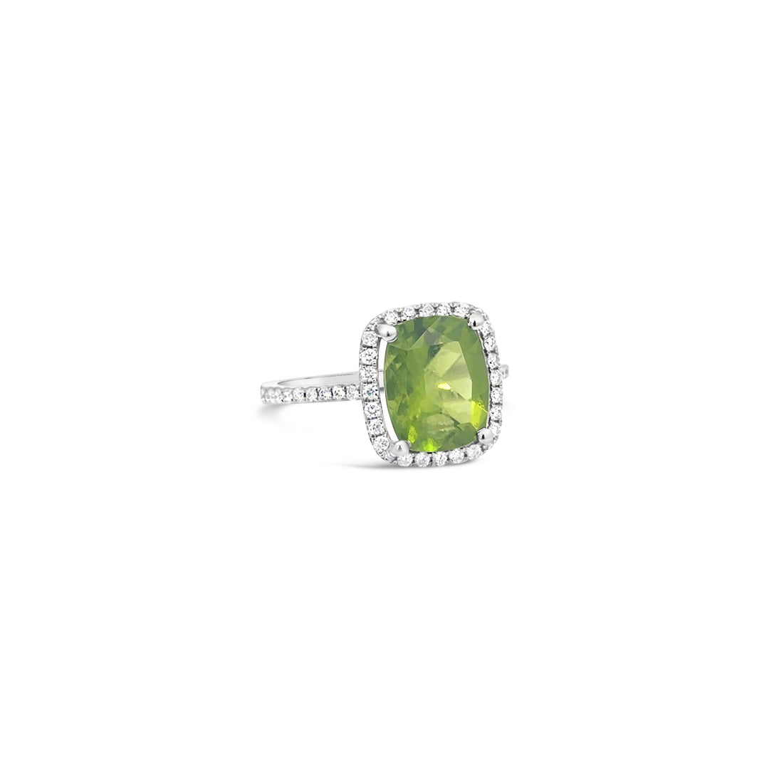 14K White Gold Cushion-Cut Peridot and Diamond Ring