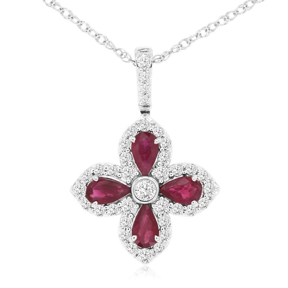 14K White Gold .90 CTW Ruby Flower Necklace