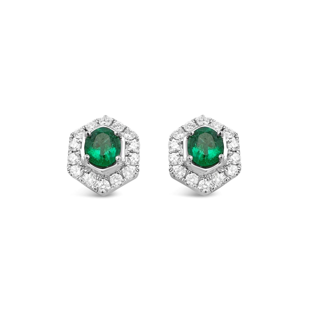 18K White Gold 1.23 CTW Emerald & .75 CTW Diamond Geometric Halo Earrings