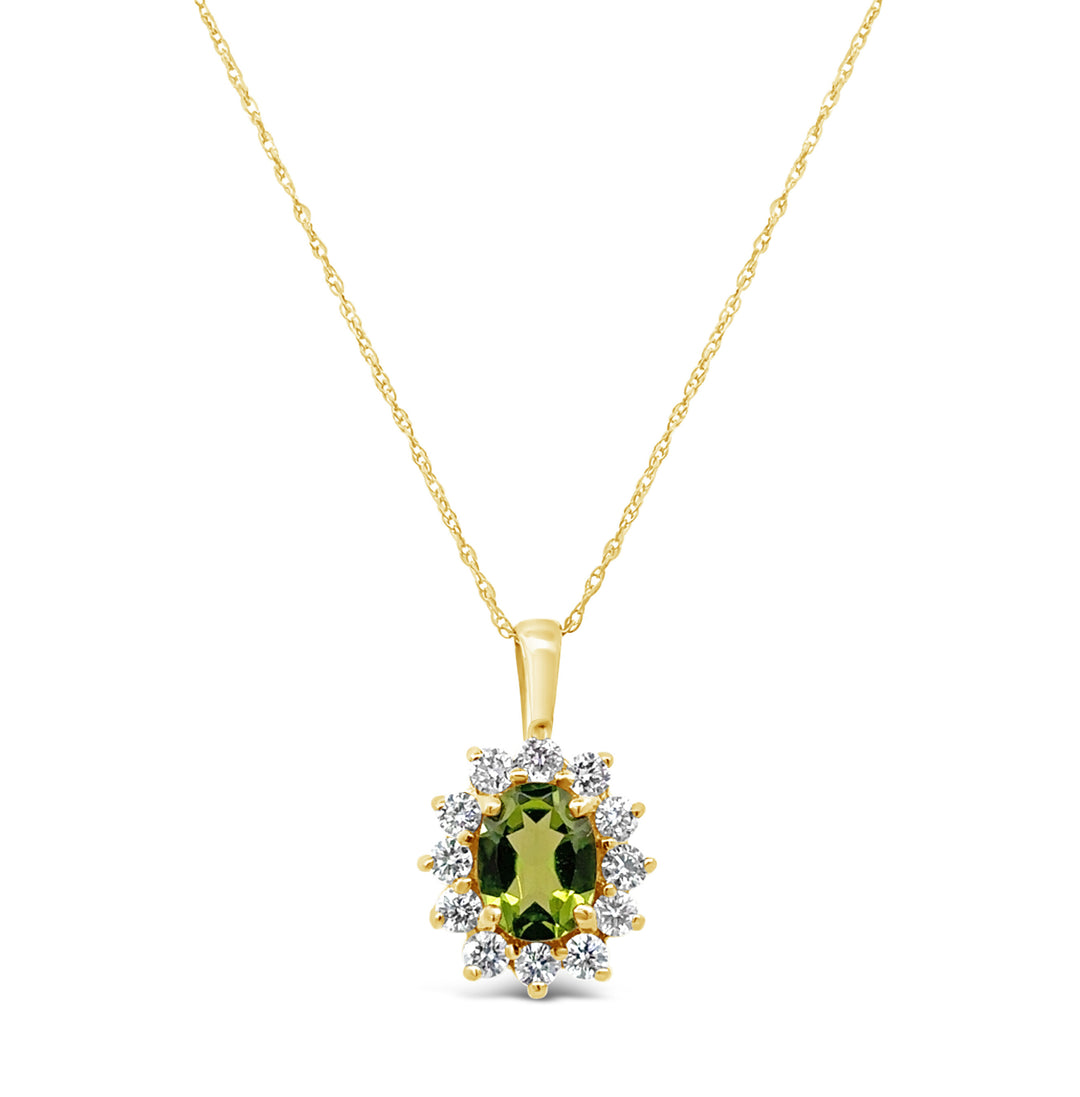 14K Yellow Gold Peridot and Diamond Halo Necklace (1.25ct Peridot, .63ctw Diamonds)