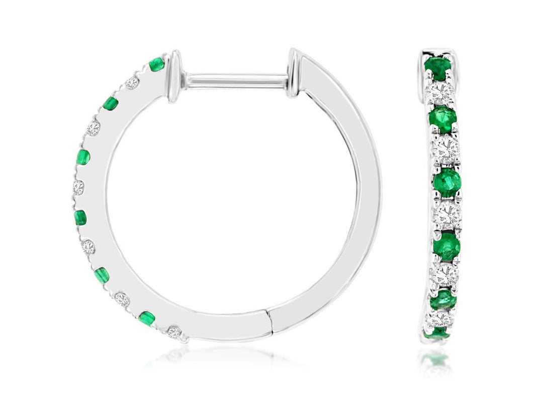 14K White Gold Emerald and Diamond Hoops