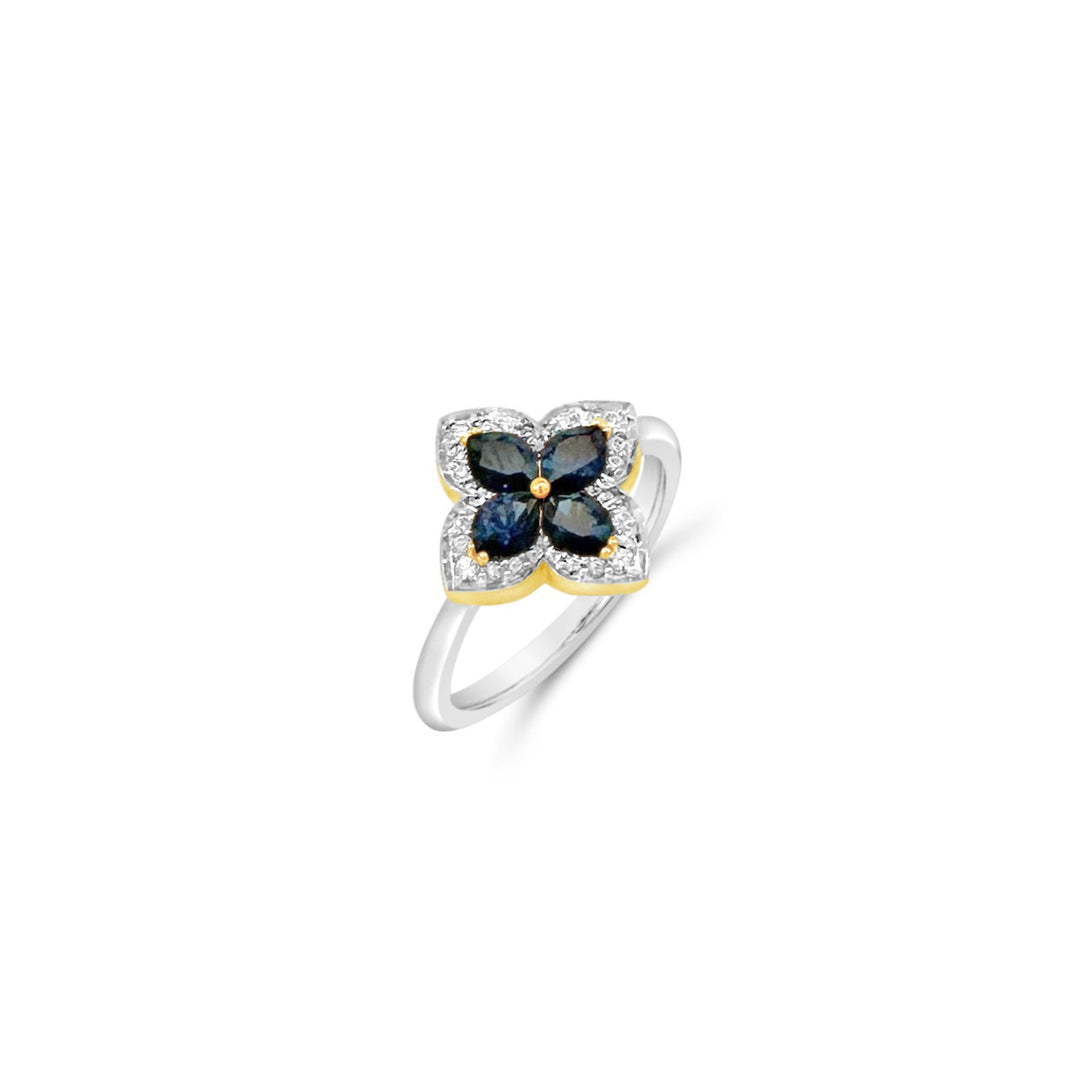 18K Yellow & White Gold .11ctw Diamond and .85ctw Sapphire Flower Ring