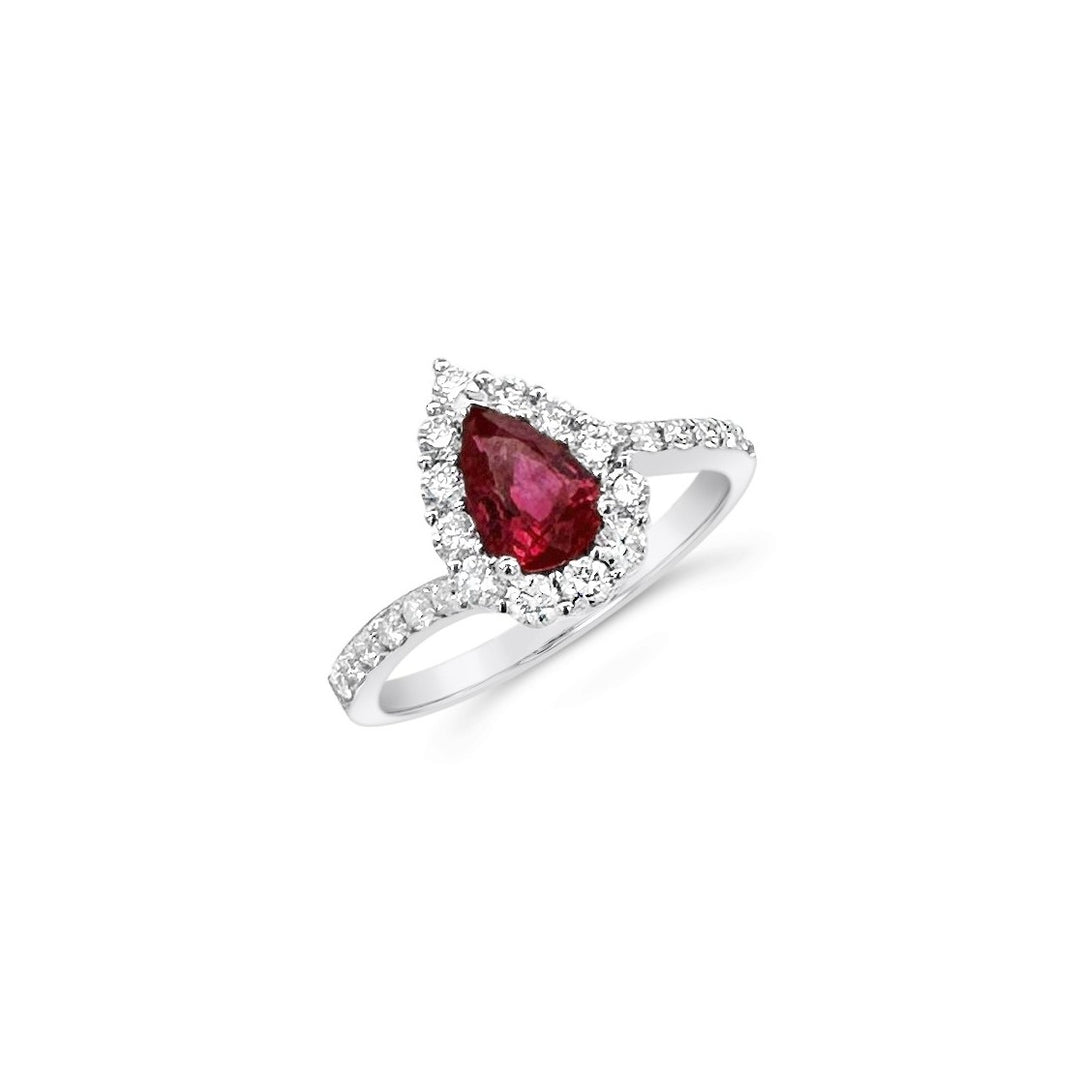 18K White Gold 1.03 CT Ruby & .52 Diamond CTW Pear Halo Ring