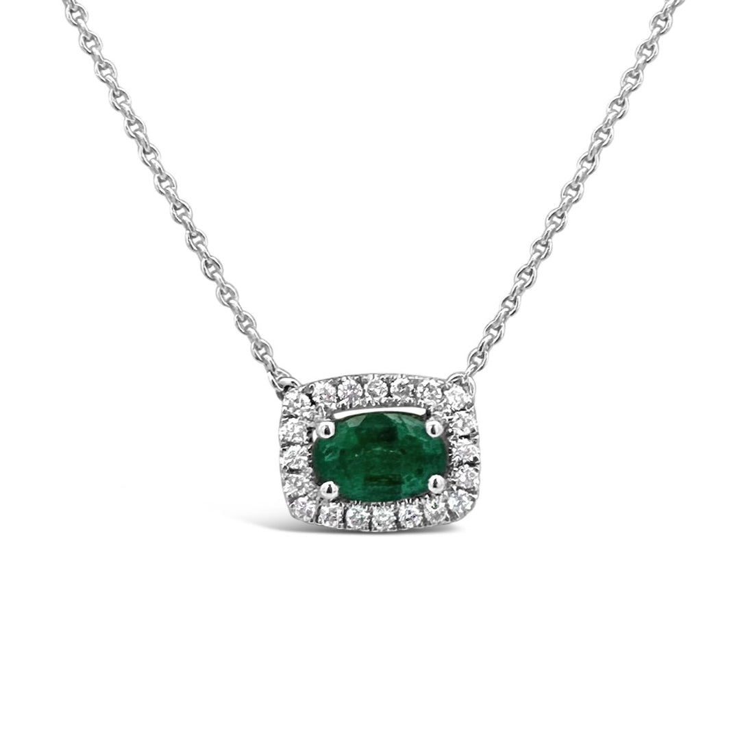 18K White Gold Emerald Necklace & Diamond Halo