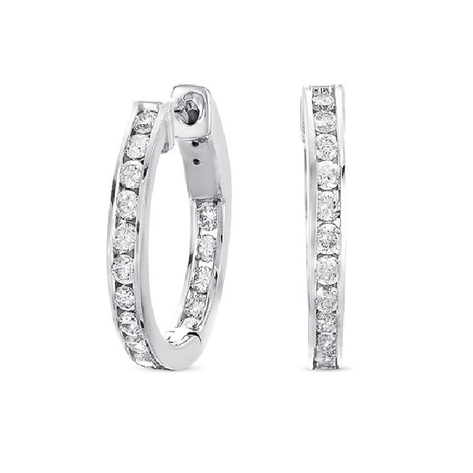 14K White Gold 1.02ctw Diamond Channel Hoops