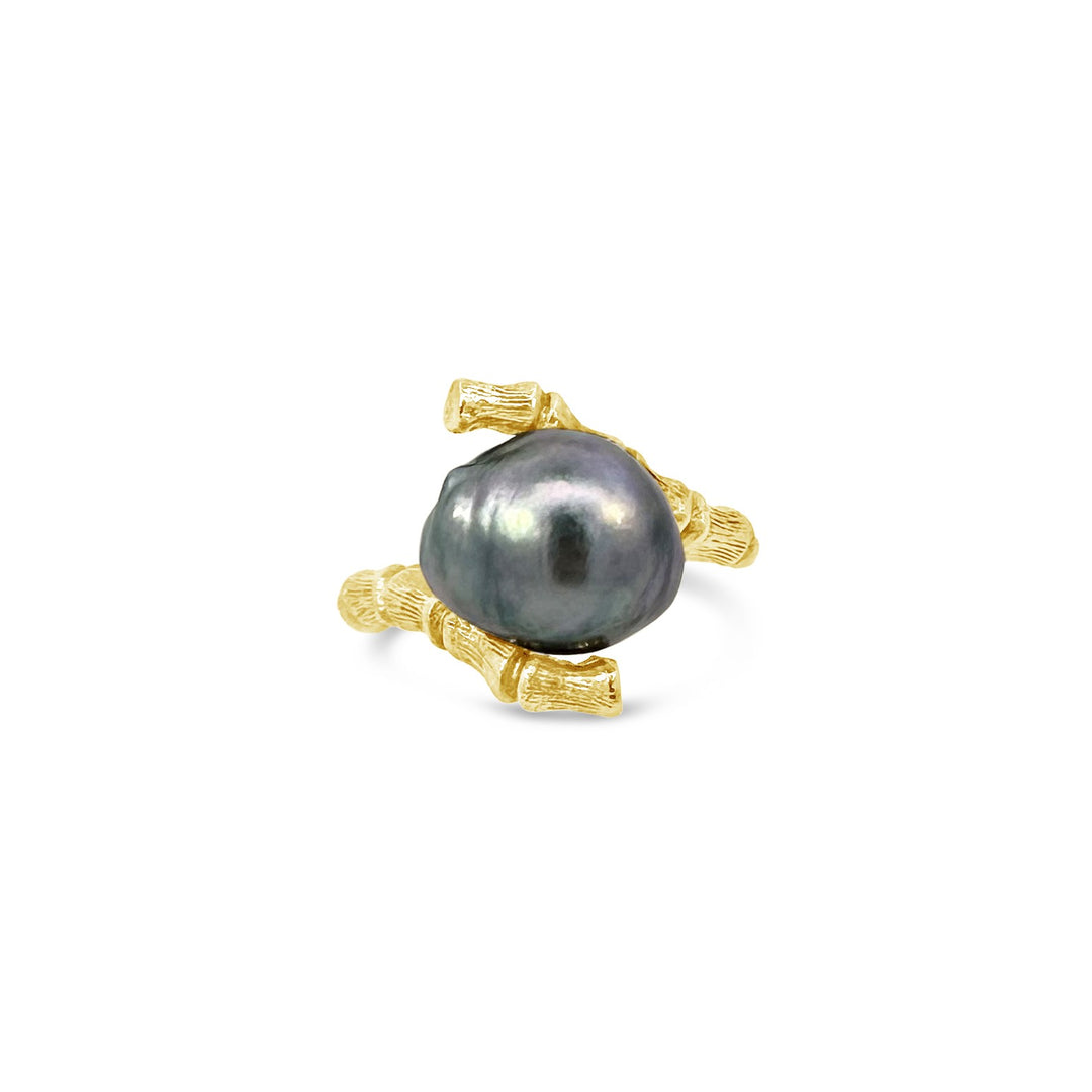 14K Yellow Gold Natural Grey Pearl Bamboo Ring