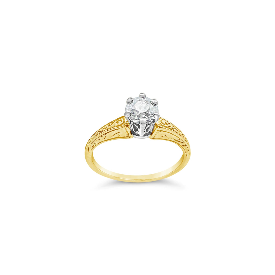 14K Two-Tone .43 CT Old European Cut Diamond Engraved Estate Ring