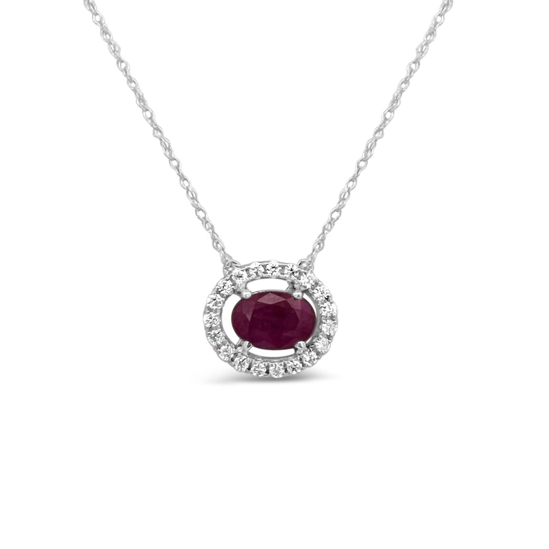 14K White Gold .55ct Ruby with Diamond Halo Necklace
