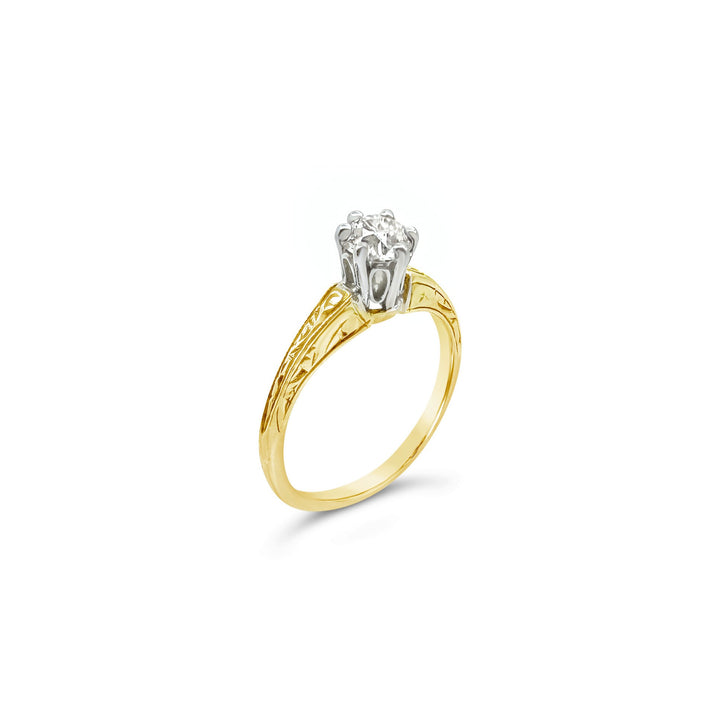 14K Two-Tone .43 CT Old European Cut Diamond Engraved Estate Ring