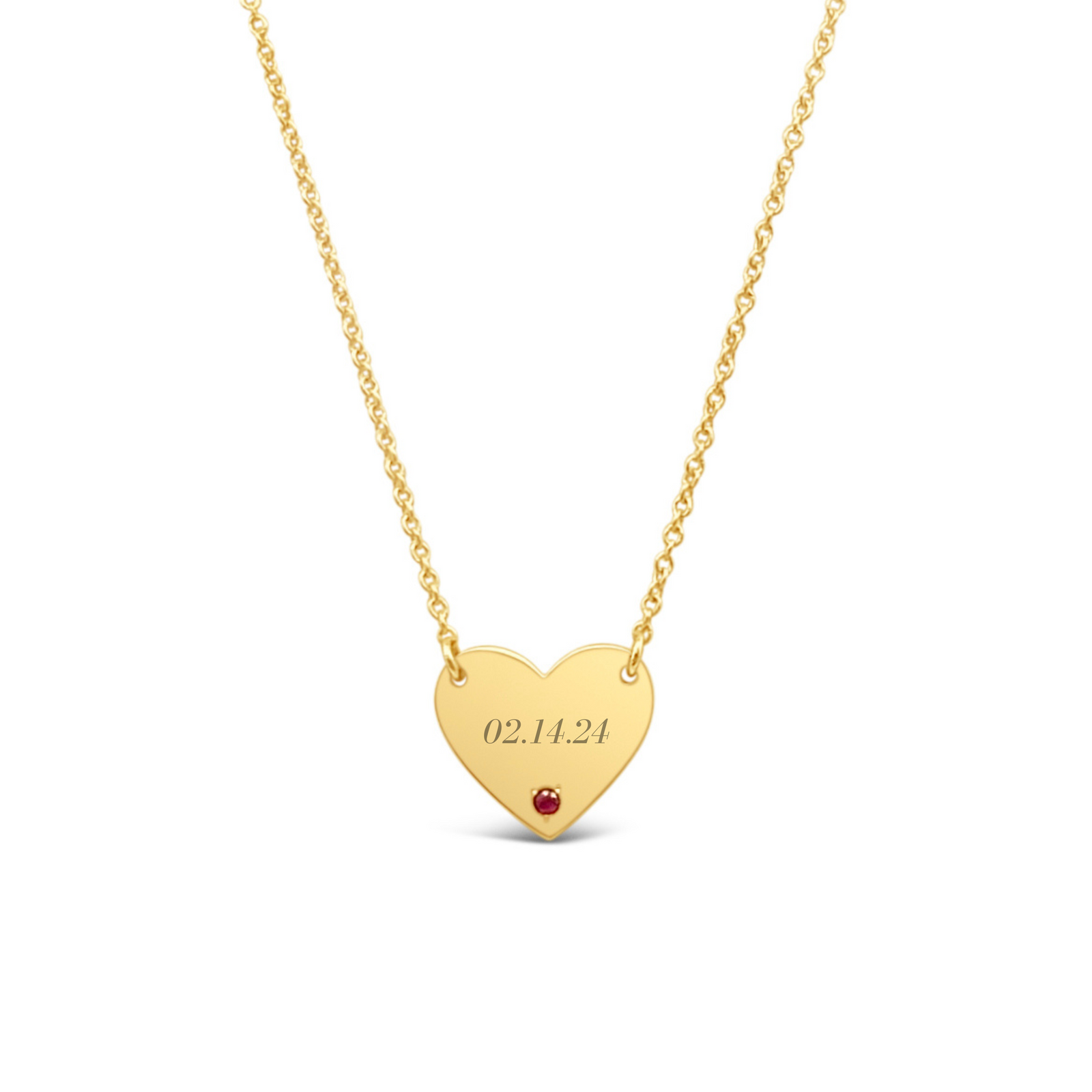 14K Yellow Gold Heart Engraveable Necklace with Ruby
