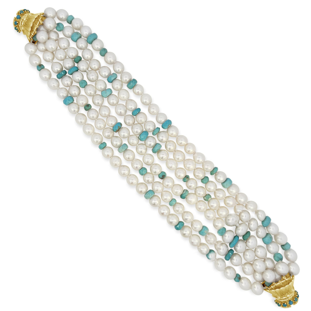 14K Yellow Gold Akoya Pearls Turquoise Estate Bracelet – Ferro