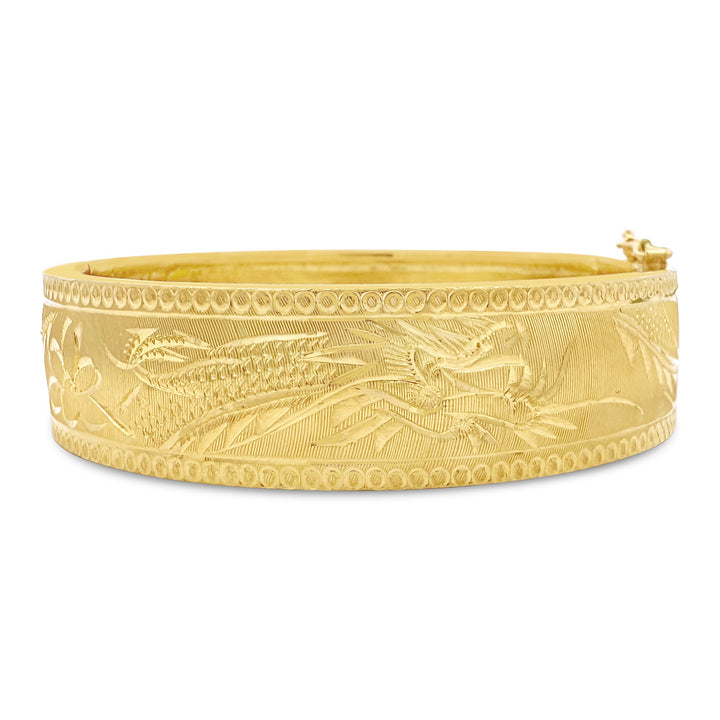 24K Yellow Gold Carved Floral Bangle