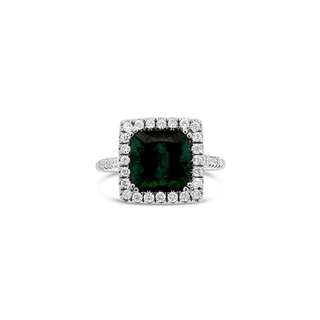 18K White Gold 2.94ct Green Tourmaline Diamond Halo Ring