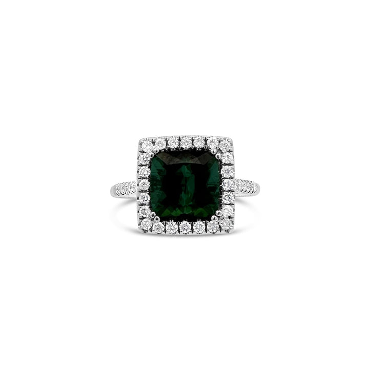 18K White Gold 2.94ct Green Tourmaline Diamond Halo Ring