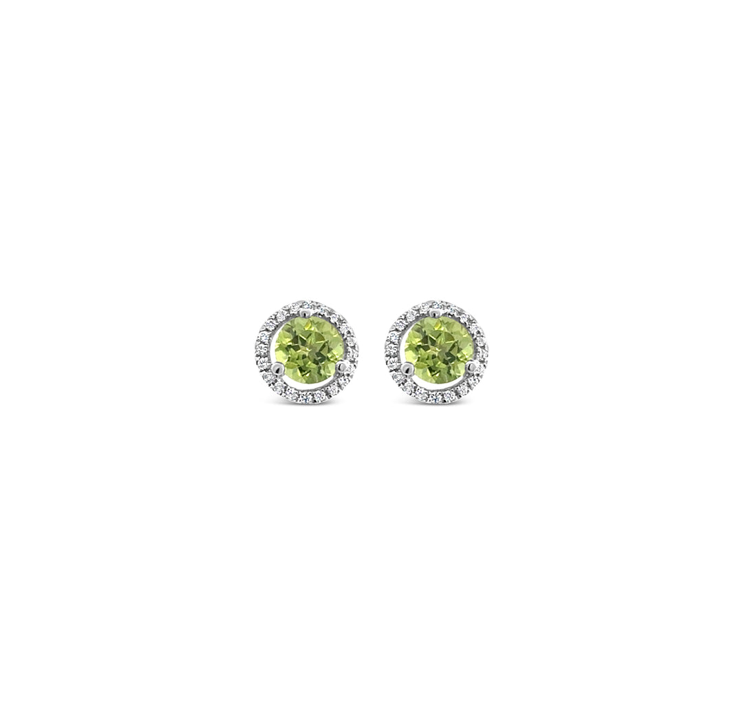 14K White Gold Peridot and Diamond Halo Stud Earrings