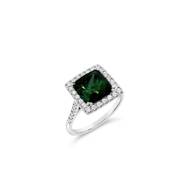 18K White Gold 2.94ct Green Tourmaline Diamond Halo Ring